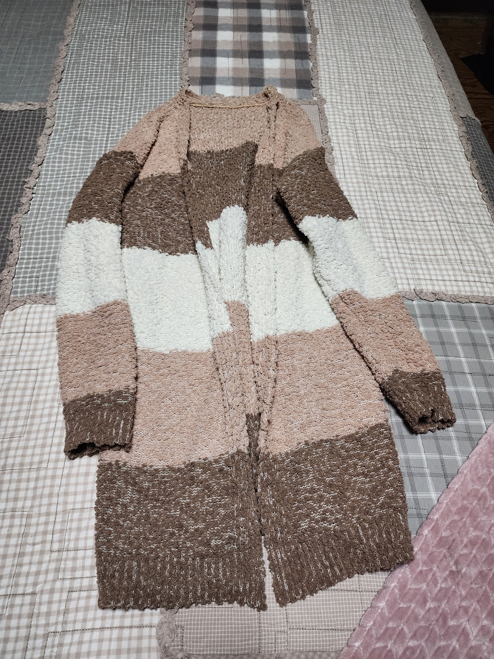 SHEIN Striped Open-Front Cardigan in Cream, Taupe & Brown